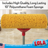 Close-up of 10-inch yellow polyurethane foam sponge roller head in scrubber position on tile; text notes family business since 1969