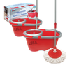 Lola Revolution Microfiber Spin Mop System 2-pack with retail box, two red/grey 2-gallon spin wringer buckets, and assembled mop