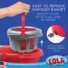 Easy-to-remove wringer basket, bucket holds up to 2 gallons, water drain hole callout with close-up of red drain plug