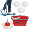 Lola Revolution Deluxe Spin Mop system with red 2-gallon bucket, stainless steel handle, 3 microfiber heads, blue mopping slippers