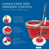 Hands-free spin wringer mop with push-down handle, removable wringer basket, drain plug, and 49.5-inch handle
