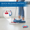 Quick release system changes mop heads in seconds, close-up of foot releasing mop head as woman mops white tile in blue microfiber slippers