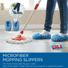 Blue microfiber chenille mopping slippers for cleaning hard floors, shown on feet and beside them