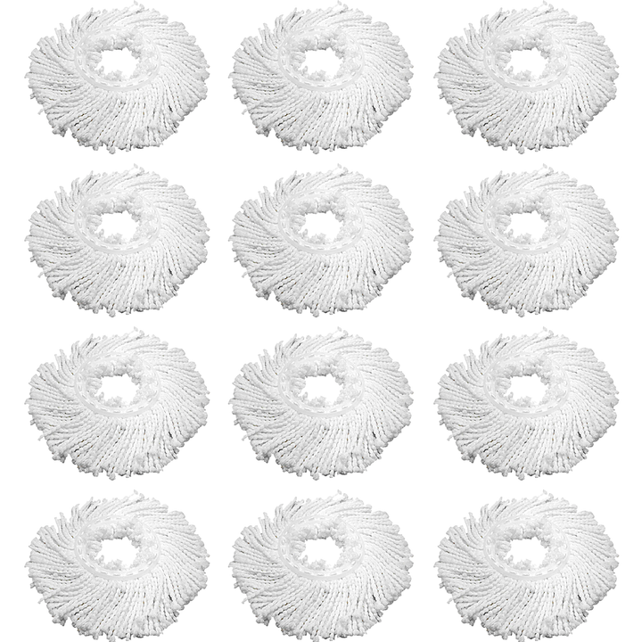 Twelve Lola Revolution Microfiber Spin Mop replacement heads in 4x3 grid, white spiral-braided microfiber with clear center rings.