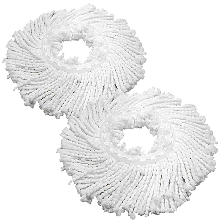 Overlapping Lola Revolution Microfiber Spin Mop replacement heads, white spiral-braided microfiber with clear plastic center rings