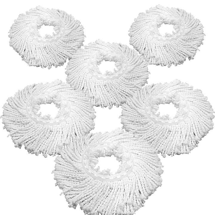 Six Lola Revolution Microfiber Spin Mop replacement heads fanned in a circle, white spiral-braided microfiber with clear plastic centers