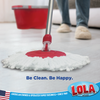 Revolution Spin Mop mopping light tile floor with red spin bucket nearby, Be Clean Be Happy, Lola American owned family business since 1969