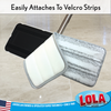 Microfiber replacement mop pad with Velcro attachment strips for easy mounting on a flat mop head