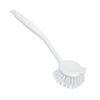 Lola Dish Brush single with white plastic handle, white circular poly fiber brush head, and hang hole