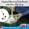 Dish brush with non-slip grip cleaning a decorative dish, 10 inch handle and 3 x 3 inch brush head