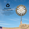 Lola dishwashing brush head floating against sky with recycling symbol; text reads Recyclable Poly Bristles