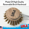 Top-down view of Lola brush head with engraved logo on birch wood block, renewable birch hardwood, American family business since 1969