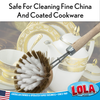 Lola dishwashing brush scrubbing a white plate at the sink next to fine china; text: Safe for Cleaning Fine China and Coated Cookware