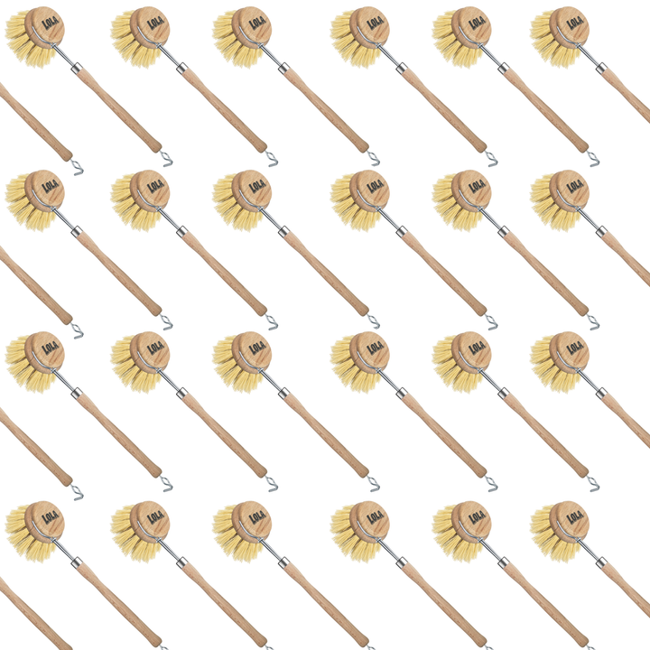 Bulk case pattern of 72 Lola Original Tampico large dish brushes with wood handle, chrome wire, hardwood block and natural bristles