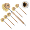 Six Lola Original Pot and Pan Brushes with sustainable hardwood handles, Tampico fiber and brass wire bristle heads, mixed bristle close-up