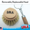 Lola pot and pan brush replacement head showing snap connector for easy replacement on kitchen scrub brush