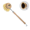 Lola Original Pot and Pan Brush with wooden handle, yellow tampico bristles, and inset showing brush head from below