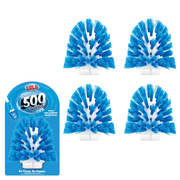 Lola 500 Brushes replacement brush heads, blue with white base, set of 4 next to retail packaging