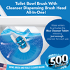 Toilet Bowl Brush with cleanser dispensing brush head infographic showing water activating Blue Cleanser Tablet, releasing cleanser per use