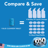 Compare & Save infographic: 1 Blue Cleanser Tablet equals 4 liquid cleanser bottles and 16 wand head refills; bowl brush and cleanser in one