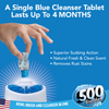 Blue cleanser tablet being loaded into toilet brush head, lasts up to 2 months with long-lasting sudsing action