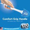 Woman holding 500 Brushes toilet brush, Be Clean Be Happy, bowl brush and cleanser in one for bathroom cleaning