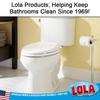 Lola Products helping keep bathrooms clean since 1969; clean white toilet in a yellow-walled bathroom