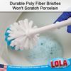 Durable poly fiber bristles won't scratch porcelain; close-up toilet brush head in bowl with blue cleaning tablet