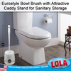 Eurostyle toilet bowl brush with attractive caddy stand for sanitary storage; 15.5" tall, 5.25" wide, next to toilet