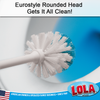 Eurostyle rounded toilet brush head gets it all clean, close-up of blue and white bristles in toilet bowl