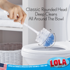 Infographic: Classic rounded head deep cleans all around the bowl; hand holding white toilet bowl brush with 360-degree rotation arrows