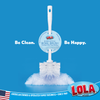 Be Clean. Be Happy. Lola Euro-Style Bowl Brush toilet cleaning brush with hang tag in soap suds