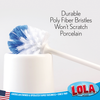 Lola Euro-Style Bowl Brush blue and white poly fiber bristles on white toilet rim; won't scratch porcelain