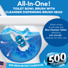 All-in-one toilet bowl brush with cleanser-dispensing head; water activates blue tablet, 500 Brushes cleaner-in-one badge