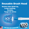 Reusable blue bristle brush head separated from the handle with a blue cleanser tablet, designed to resist odor buildup and scrub tough grime