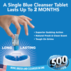 Single blue cleanser tablet lasts up to 2 months with superior sudsing action, natural fresh clean scent, tough on grime, 500 Brushes logo