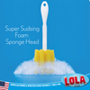 Single Lola Glass & Jar Brush standing in suds; text: Super Sudsing Foam Sponge Head, American Owned & Operated Family Business Since 1969