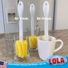 Three Lola Glass & Jar Brushes in beer mug, short glass, and ceramic coffee mug; text: Be Clean. Be Happy. American owned since 1969.