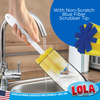 Lola glass jar brush cleaning a tall glass at sink, close-up of non-scratch blue fiber scrubber tip; American family business since 1969