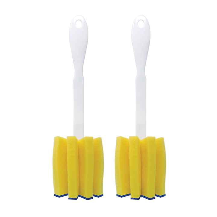 Two Lola glass jar brushes with white plastic handles, yellow foam sponge heads, and blue fiber scrubber tips shown side by side