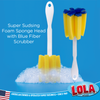 Lola glass jar brush in suds with expanded head and blue fiber scrubber, Sudsing Foam Sponge Head, American-owned family business since 1969