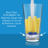 Lola glass jar brush head in clear drinking glass, blue fiber scrubber reaches base to scrub liquid residue