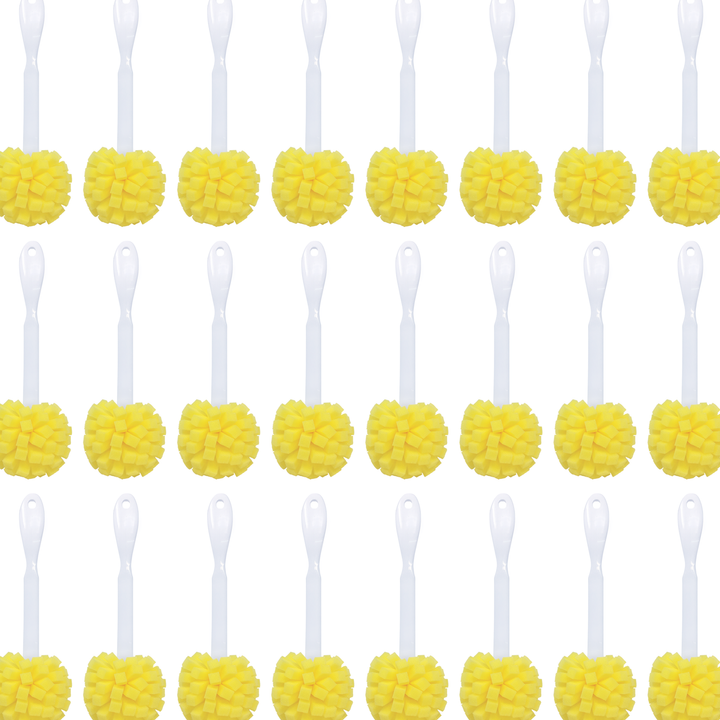 Bulk 144-pack case pattern of Lola Kitchen Sponge Puff Bottle Cleaners with white handles and yellow foam puff heads