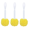 Three Lola Kitchen Sponge Puff Bottle Cleaners with white plastic handles and yellow cube-cut poly foam spherical heads
