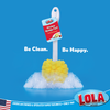 Be Clean. Be Happy. Lola Kitchen Sponge Puff hanging by loop with retail tag, yellow puff head in foamy soap suds