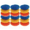 Lola Plastic Mesh Scourer 18-pack, donut-shaped polypropylene scourers in blue, orange, yellow stacked three columns of six