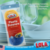 Infographic: Lola Plastic Scourers Non-Scratch retail package with yellow and blue scourers for ceramic, pots, pans, glassware