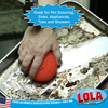 Infographic: hand using orange mesh scourer to scour greasy metal baking pan; great for pots, sinks, appliances, tubs and showers