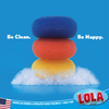 Three plastic mesh cleaning scourers stacked in blue, red and yellow with Be Clean. Be Happy. tagline