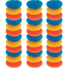 Lola Plastic Mesh Scourer 3-pack donut-shaped polypropylene knitted mesh scourers in blue, orange, and yellow stacked in three columns